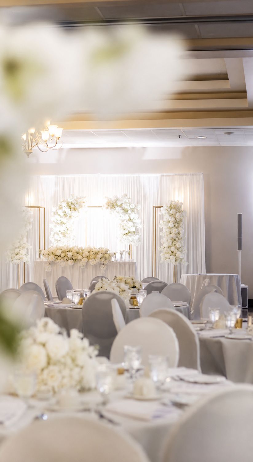 The ballroom set for a wedding with white florals and a draped head table