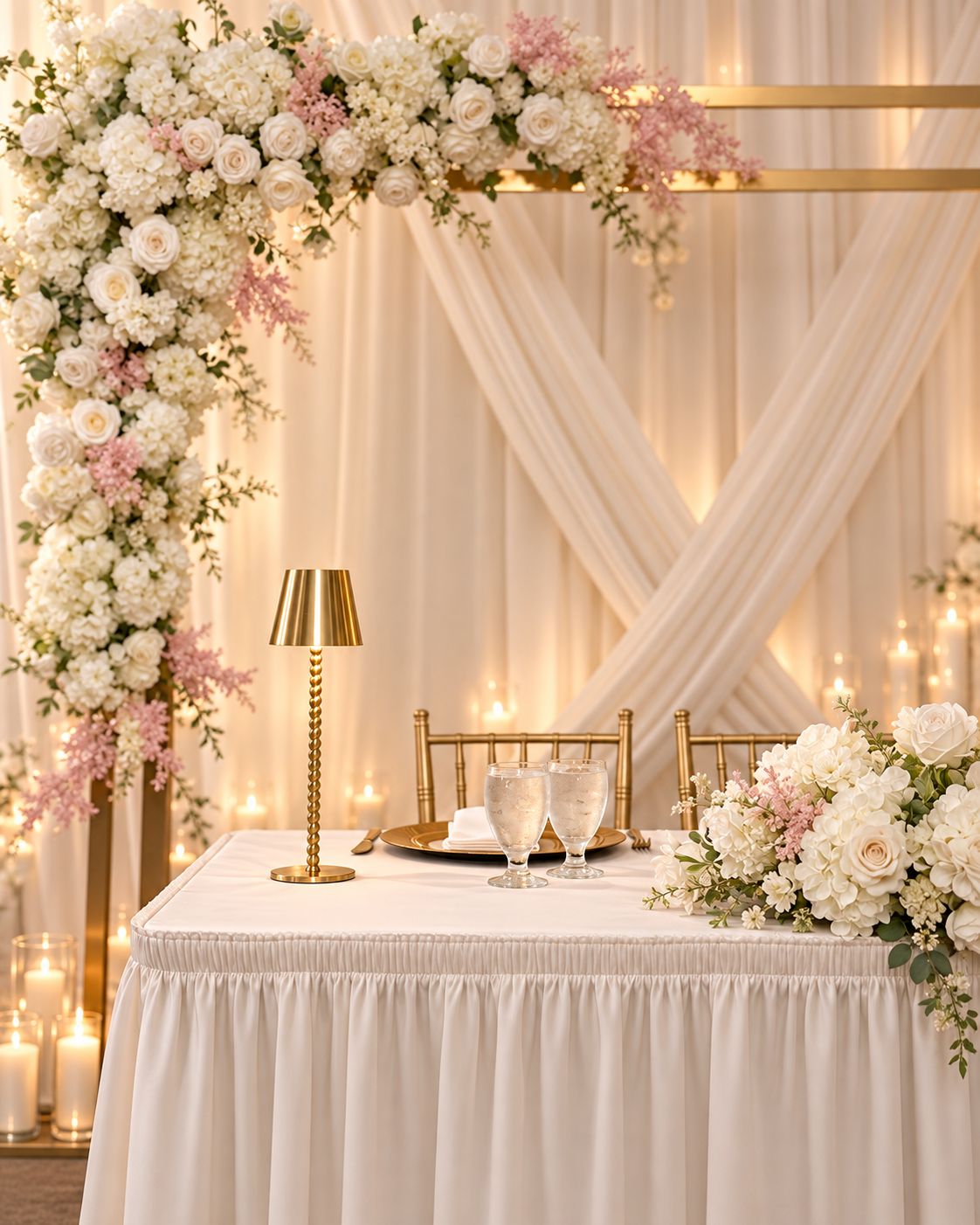 Head table with gold lamp, white roses and a draped backdrop