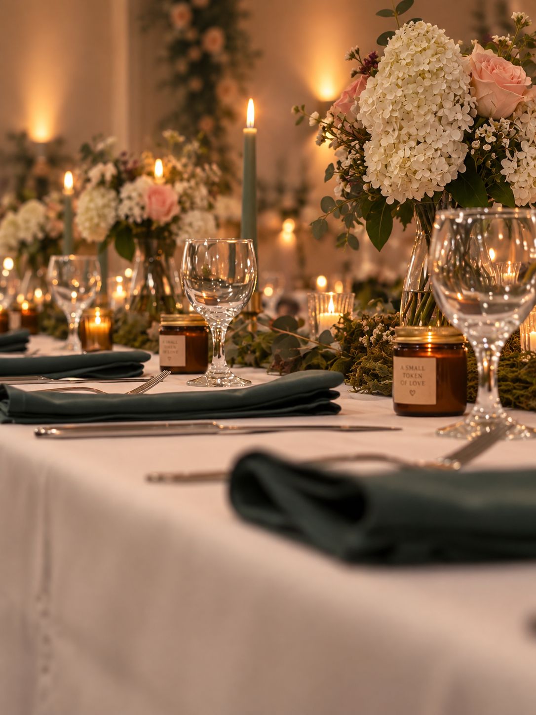 Banquet table set with sage napkins, candles and hydrangeas