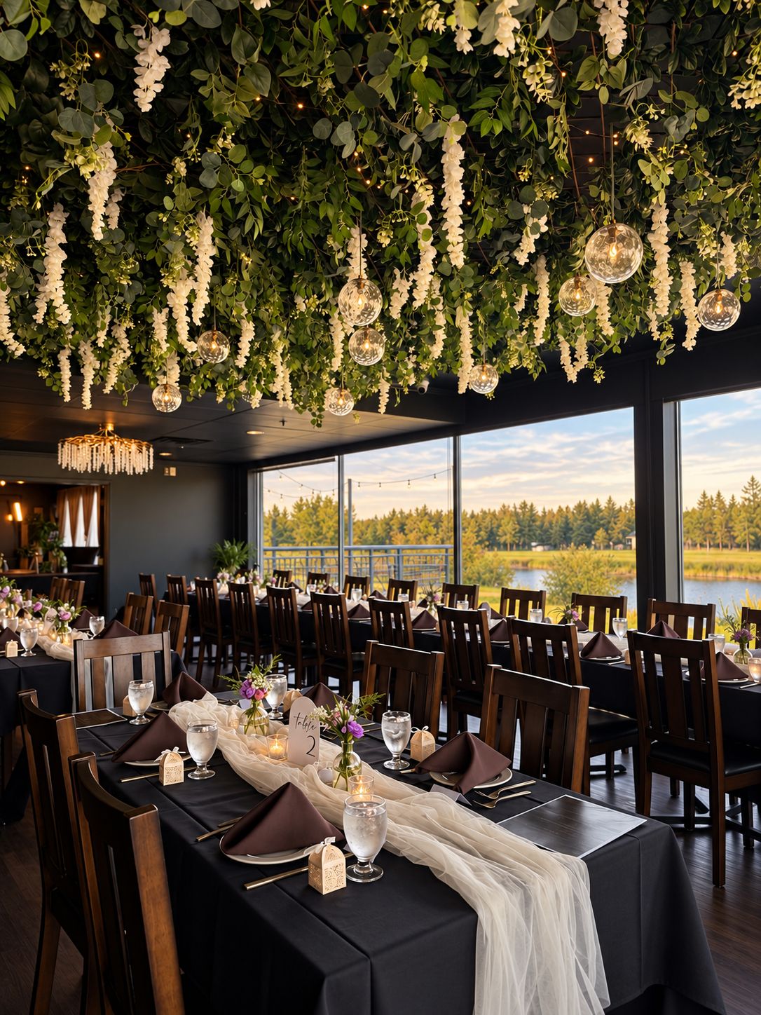 The Woodvale Room under hanging wisteria, windows onto the lake